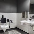 Bild der Toilette und des Waschbeckens mit schwarzen Haltegriffen.