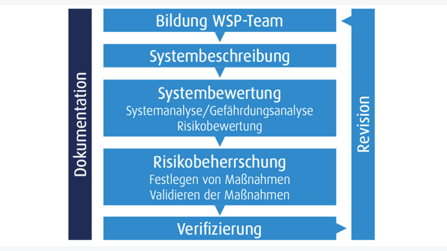 Die Elemente eines Wassersicherheitsplans: Dokumentation, Bildung WSP-Team, Systembeschreibung, Systembewertung, Risikobeherrschung, Verifizierung und Revision.