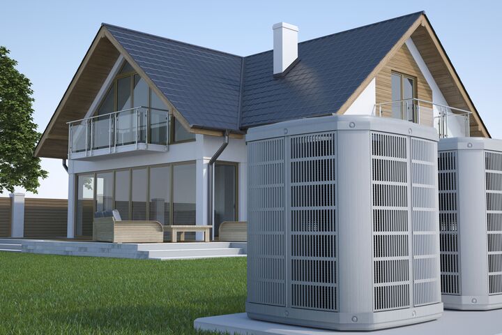 3D-Illustration einer Luftwärmepumpe vor einem Wohnhaus.