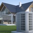 3D-Illustration einer Luftwärmepumpe vor einem Wohnhaus.