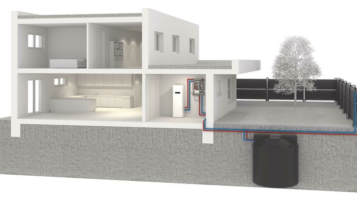 © Viessmann Hausgrafik mit dem Eisenergiespeicher im Garten.