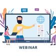 Online conference, webinar or seminar concept with cartoon people characters learning remotely via computer, flat vector illustration isolated on white background.