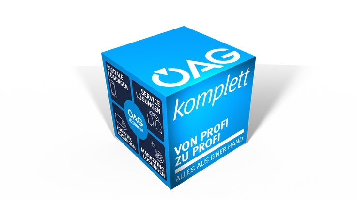 © ÖAG Ein blauer Würfel in 3D mit den Schriftzügen "ÖAG", "komplett von Profi zu Profi - alles aus einer Hand" und vier ÖAG-Lösungen.
