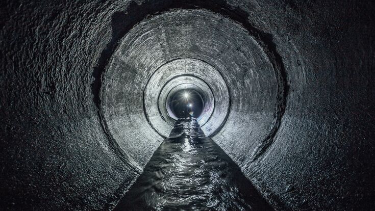 © Mulderphoto - stock.adobe.com Diggers are exploring underground river flowing in round sewer tunnel