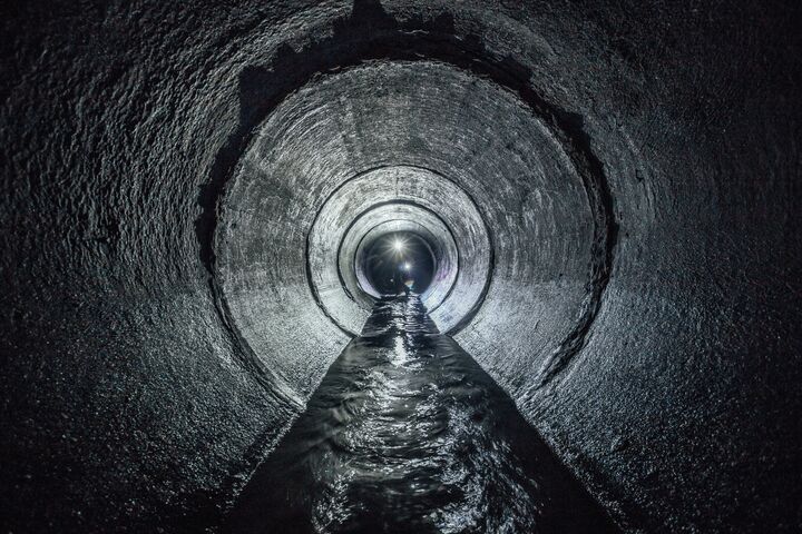 Diggers are exploring underground river flowing in round sewer tunnel