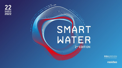 © Resideo Plakat zum Vortrag. In blau gehalten zentral mit einem großen Schriftzug "Smart Water".