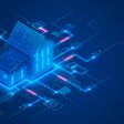 Smart home technology conceptual banner. Building consists digits and connected with icons of domestic smart devices. illustration concept of System intelligent control house on blue background. IOT.