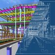 3D rendering of a model of a building construction structure made of metal structures. 3D engineering project. Architectural, engineering and construction background. Blueprint.