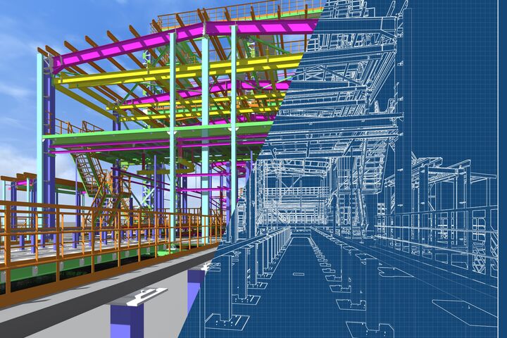 3D rendering of a model of a building construction structure made of metal structures. 3D engineering project. Architectural, engineering and construction background. Blueprint.