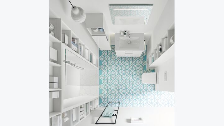 Badezimmer von oben mit Mineralguss-Waschtisch aus der Serie Eqio von burgbad.