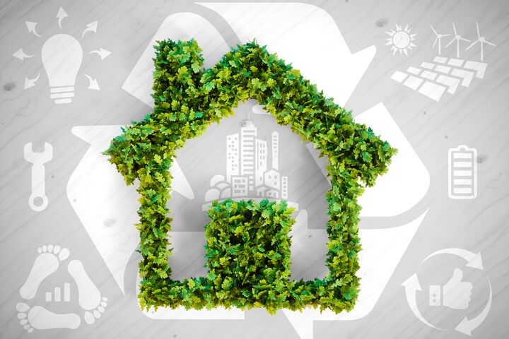 Sustainable living - 3d illustration with ecology icons on brown wooden background.