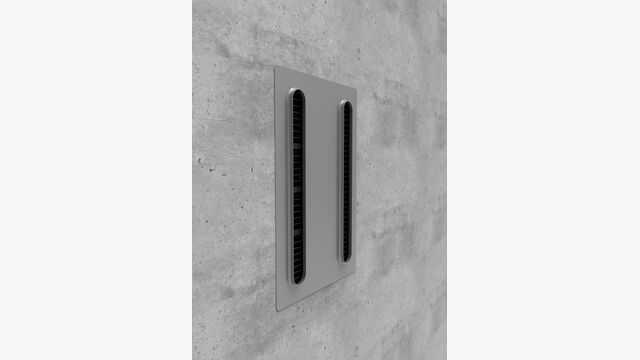 Rendering eine Putzfassade mit integrierter Wärmepumpenaußeneinheit und Zu- und Abströmöffnungen