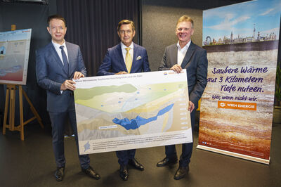 © Wien Energie/Christian Hofer Präsentation der Pläne für die 1. Tiefengeothermie-Anlage Wiens - V.l.n.r. Karl Gruber (Geschäftsführer Wien Energie), Peter Hanke (Stadtrat), Michael Strebl (Vorsitzender der Wien Energie-Geschäftsführung)