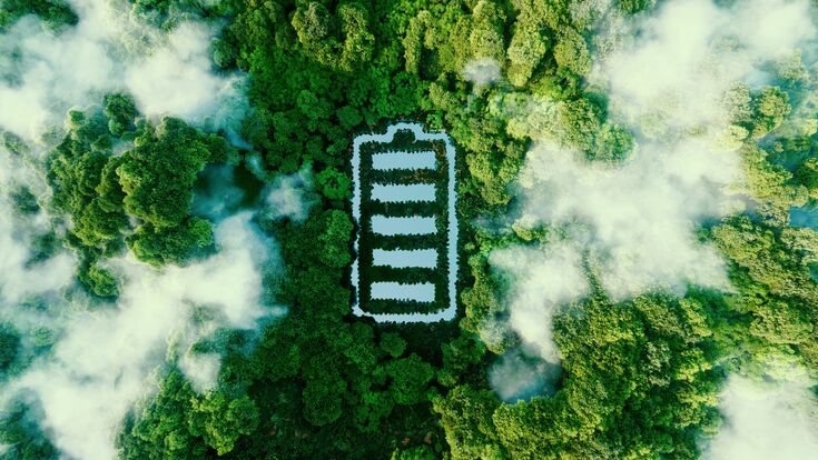 Concept depicting new possibilities for the development of ecological battery technologies and green energy storage in the form of a battery-shaped pond located in a lush forest. 3d rendering.