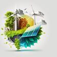 Renewable energy background with green energy as wind turbines and solar panels. Generative AI