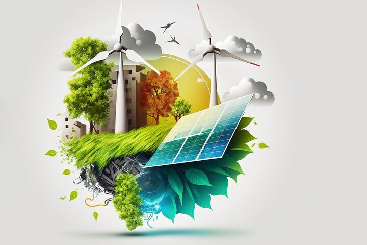 Renewable energy background with green energy as wind turbines and solar panels. Generative AI