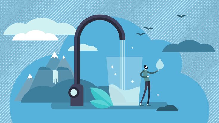 © VectorMine - stock.adobe.com Clean mineral mountain water vector illustration. Flat tiny potable drinking persons concept. Fresh and clear natural drink for healthy and safe environment. Save earth with pure liquid consumption.