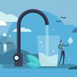 Clean mineral mountain water vector illustration. Flat tiny potable drinking persons concept. Fresh and clear natural drink for healthy and safe environment. Save earth with pure liquid consumption.