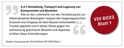 Auf Basis dieses Textes aus der VDI 6023 Blatt 1 ist es empfehlenswert, im allgemeinen Teil des Leistungsverzeichnisses die Anforderungen nach hygienisch einwandfreien Bauteilen zu formulieren.