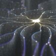 Artificial neuron in concept of artificial intelligence. Wall-shaped binary codes make transmission lines of pulses and/or information in an analogy to a microchip. Neural network and data transmission.