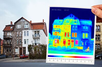 © Ingo Bartussek - stock.adobe.com Energie, Gebäude, Haus, Thermografie, Wärmebild, Energieausweis, Winter, heizen, Abbildung, thermal, Kälte, Wärme, Infrarot, Strahlung, Temperatur, Oberfläche, Energieverschwendung, Wärmeverlust, Heizkosten, Wärmedämmung, isolieren, Wärmeisolierung, Wärmestrahlung, Energieberatung, Kamera, Infrarotkamera, Mietshaus, Miete, Nebenkosten, Sanierung, sanieren, Fassade, Fenster, Energieberater, Wärmeabgabe, Ökologie, Klimawandel, Klimaschutz, Oberflächentemperatur, Diagnose, Architektur, messen, Thermometer, Thermographie, Energiepass, Kosten, Einsparung, Sanierungsbedarf, Mehrfamilienhaus, städtisch