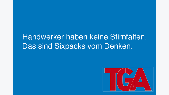 Spruch auf blauem Hintergrund: Handwerker haben keine Stirnfalten. Das sind Sixpacks vom Denken.