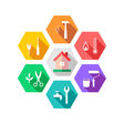 house maintenance facilities facility management logo tools icon set repair concept business isolated renovate renovation utensil instrument building tool home craftsman handyman repairman painter electrician plumber flat design element vector illustration color colorful work working hexagon shape around