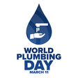 Das Logo des World Plumbing Day in Dunkelblau: Ein Tropfen mit einer Hand unter einem Wasserhahn und darunter ein Schriftzug.