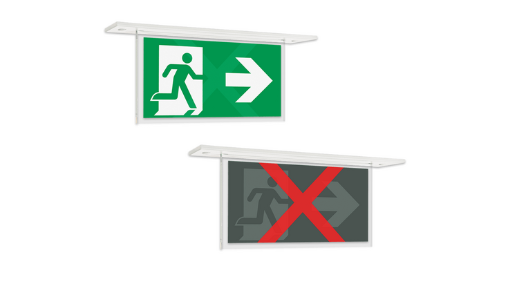 © LST Ein Notausgangsschild einmal im Normalbetrieb und einmal durchgestrichen.
