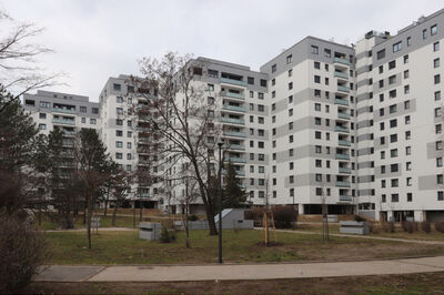 © GSD GesmbH Blick auf die Wohnblöcke, die in weiß und grau gehalten sind.