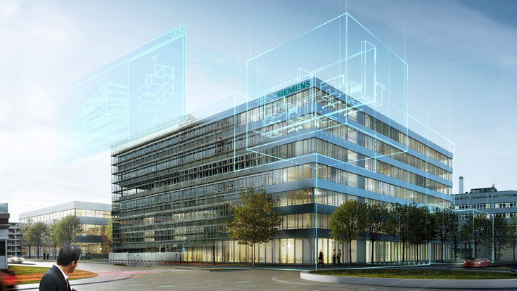 © Siemens Rendering eines Neubaus mit darübergelegten Building Information Modelling Plänen.