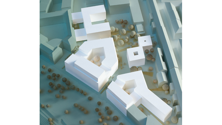 © UBM Plan für das Leopoldquartier: Gebäude in weiß modelliert und aus Vogelperspektive in die Umgebung eingezeichnet.