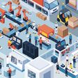 Innovative contemporary smart industry: product design, automated production line, delivery and distribution with people, robots and machinery, industry 4.0 concept