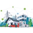 Smart renewable energy heat power network system. Off-grid building city battery storage sustainable electrification. Electric car charging with solar panels, wind, high voltage power grid and city.