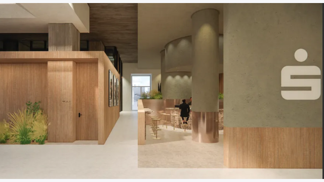 Rendering des Cafés im neuen Erdgeschoss der Sparkasse OÖ