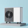 Air heat pump on blue background. Modern, environmentally friendly heating. Air source heat pumps are efficient and renewable source of energy. Banner with copy space for text, advertising. 3d render