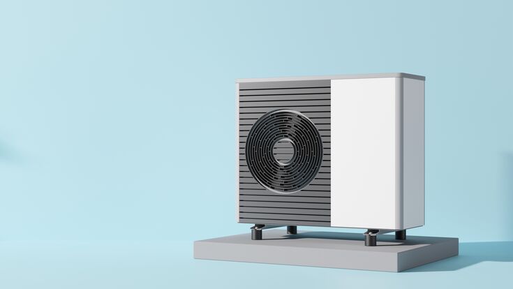 Air heat pump on blue background. Modern, environmentally friendly heating. Air source heat pumps are efficient and renewable source of energy. Banner with copy space for text, advertising. 3d render
