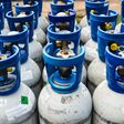 Brussels, Belgium - August 27, 2017: Refrigerant gas cylinders under pressure of the Luxfer brand ready to transport in Brussels, Belgium