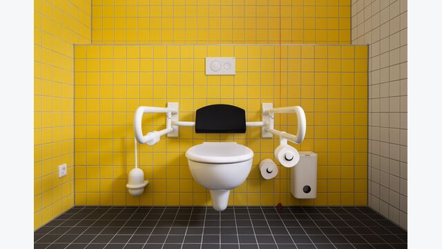 Der Stützklappgriff verfügt über einen integrierten Knopf für die Spülauslösung und sorgt für mehr Selbstständigkeit im Bad.