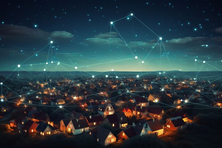 community, home, monitor, network, house, grid, net, miniature, cyberspace, data, transaction, ai, society, industry, light, suburb, suburban, reports, social, networking, connect, connected, progress, future, wi-fi, smartphone, cloud, energy, remote, control, family, system, surveillance, living, cheerfulness, street, modeling, city, landscape, town, coverage, wide, generative ai, digital, iot, dx, smart home, technology, internet of things