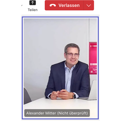 „Ich traue niemandem, außer er beweist mir, dass er es ist“ – die Identität von Alexander Mitter, Geschäftsführer KSV1870 Nimbusec, wurde vom Autor dieses Textes vor und nach dem Teams-Gespräch, aus dem diese Screenshots stammen, persönlich überprüft: Kein KI-generierter Fake-Mitter, sondern der echte Cybersecurity-Experte stand hier Rede und Antwort.