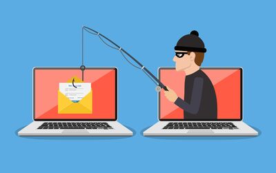 Login into account in email envelope and fishing hook. Phishing scam, hacker attack and web security concept. online scam and steal. vector illustration in flat design
