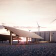Dawn of new renewable energy technologies. Modern, aesthetic and efficient dark solar panel panels, a modular battery energy storage system and a wind turbine system in warm light. 3D rendering.