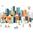 Smart city, landscape city centre with many building, airplane is flying in the sky and people walking, running in park. Vector illustration