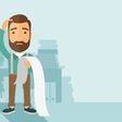 A sad hipster Caucasian man with beard standing holding a paper feels headache and worries about paying a lot of bills. Problem, worries concept. A contemporary style with pastel palette soft blue tinted background. Vector flat design illustration. Horizontal layout with text space in right side.