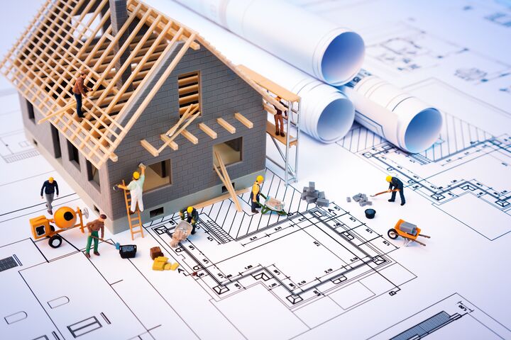 construction, building, house, workers, project, blueprint, engineering, architecture, rolls, model, build, men, work, plan, design, figure, home, equipment, drawing, draft, structure, unfinished, sketch, housing, organization, cottage, engineer, concept, incomplete, bricks, beams, plaster, paper