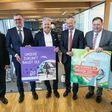 Am Podium diskutierten Robert Schneider, Geschäftsführer Messe Wels, Walter Eder, Geschäftsführer Ziegel Eder, Norbert Hartl, Bundesinnungsmeister-Stellvertreter Bau, Ernst Hutterer, Vorsitzender-Stv. der VÖK und Geschäftsführer Fröling und Manfred Denk, Bundesinnungsmeister der Sanitär-, Heizungs- und Lüftungstechniker*innen unter Moderation von VÖK-Geschäftsführerin Elisabeth Berger (v.l.n.r.)