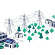 Renewable energy power distribution with house office factory buildings, solar panel plant station, wind and high voltage electricity grid pylons, electric transformer. Smart virtual battery storage.