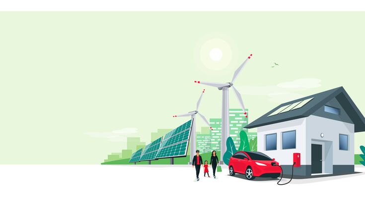Family battery electric car charging at home charger station renewable energy storage with wind solar panels power station and city skyline. Charge on house wall box EV charger. Space for your text.