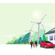 Family battery electric car charging at home charger station renewable energy storage with wind solar panels power station and city skyline. Charge on house wall box EV charger. Space for your text.